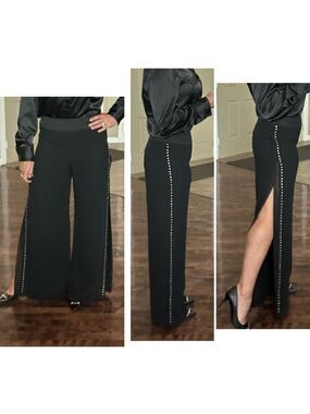 JS Collections black layered rhinestone trim chiffon high slit dress pants Sz 8